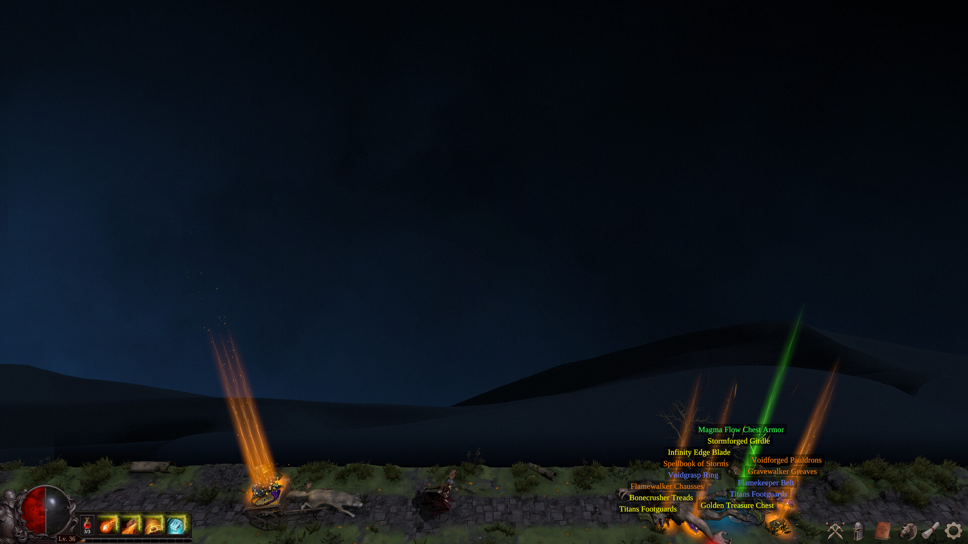 Loot labels and a treasure chest displayed near the character and carriage in a promotional combat scene.