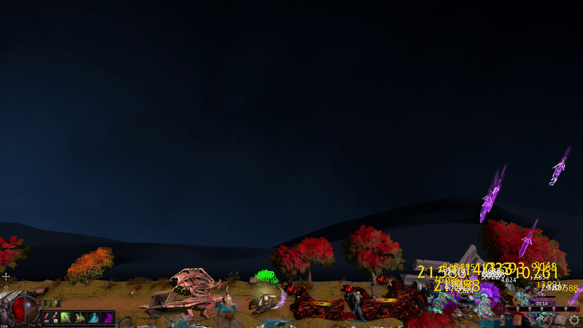 Promotional high-level combat scene with visible health, ability controls, minions and multiple damage numbers.